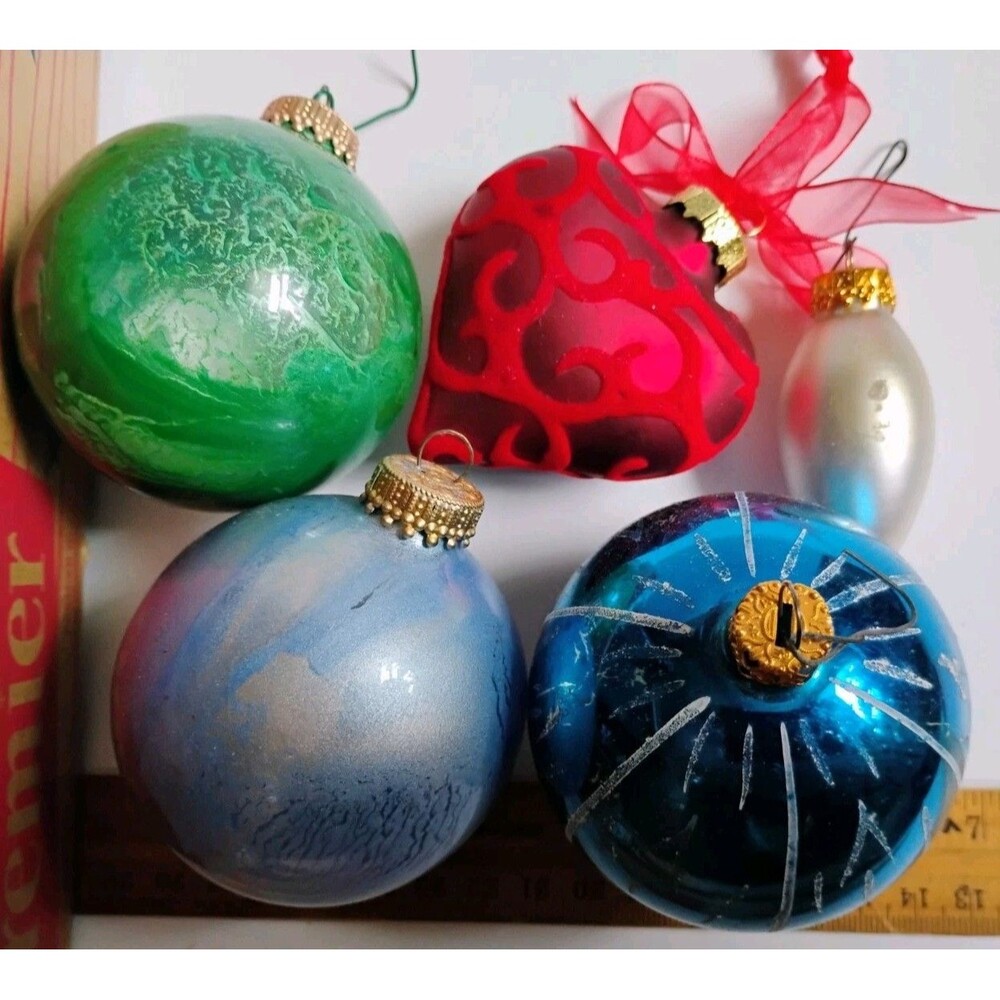 Vintage Christmas By Krebs Frosted Glass Ornaments Lot 5pc G&B Teardrop